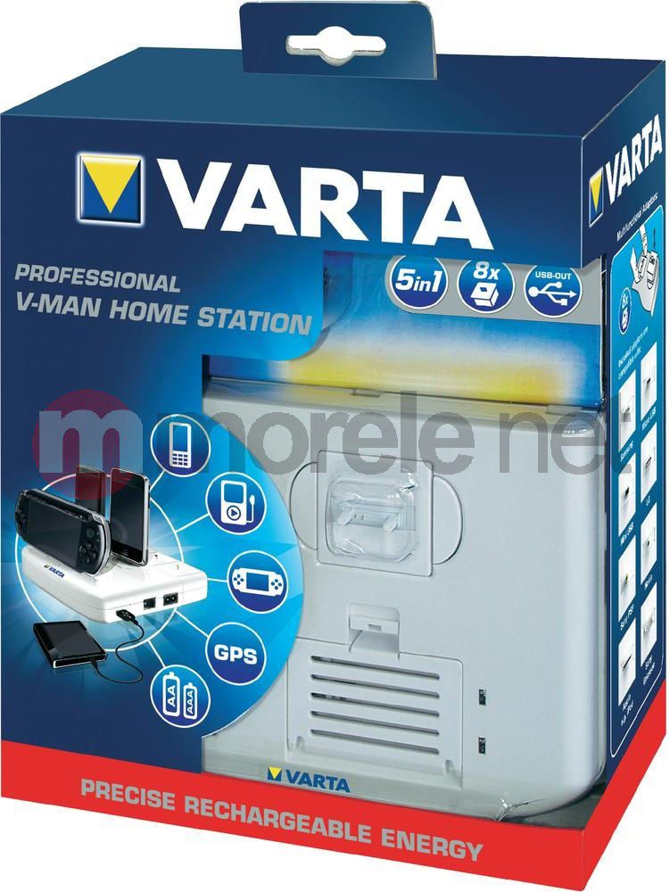 Karikues universal Varta V-Man Home Station, 4 porta, 2 bateri AA AAA, i bardhë