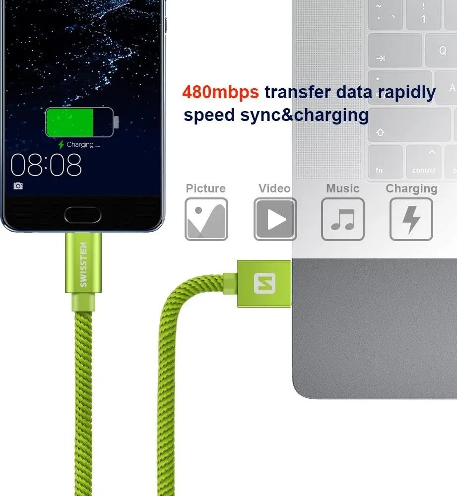 Kabllo USB në USB C Swissten Textile, 0.2m, 3A, e zezë