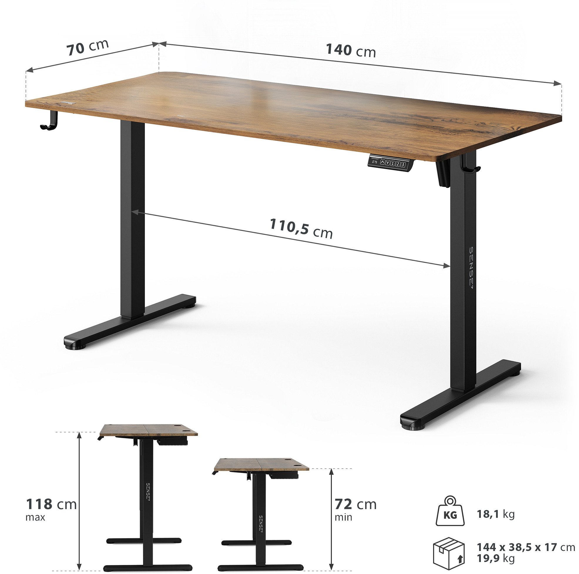 Tavolinë elektrike SENSE7 NOJO LIGHT, 140 x 70 cm, e kaftë e errët
