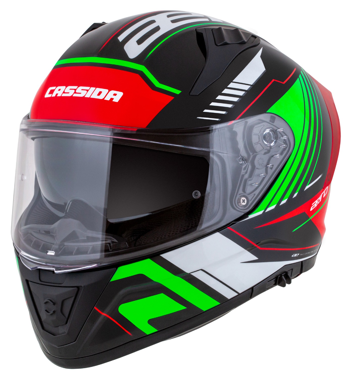 Helmetë moto CASSIDA Aero Drome 2026, integrale, polikarbonat, e zezë perlë e kuqe jeshile e bardhë
