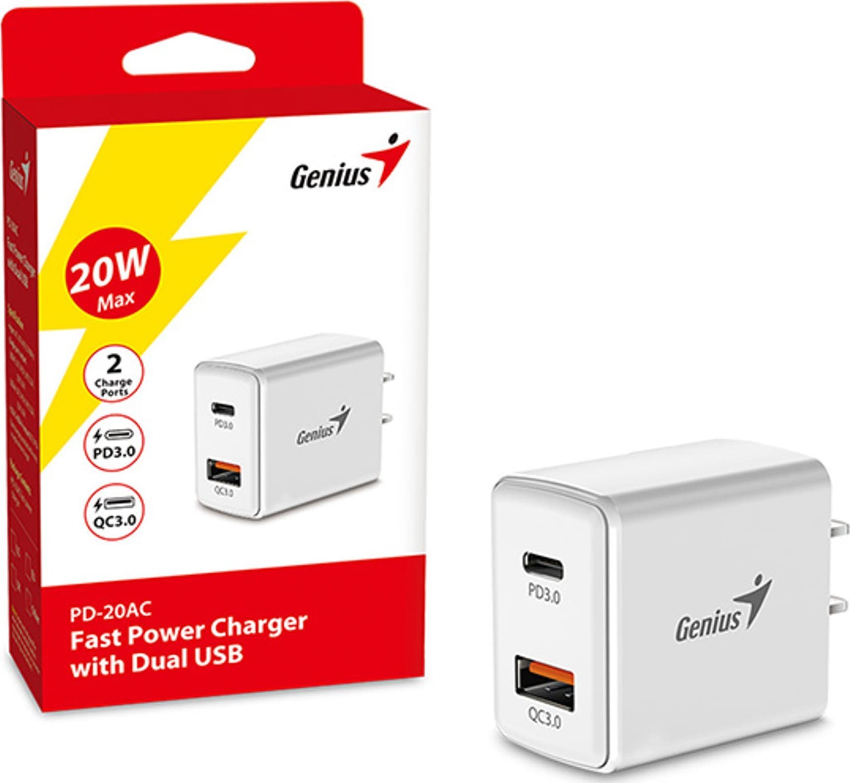 Adapter karikues Genius PD-20AC, 20W, 2 porta USB-C USB-A, i bardhë