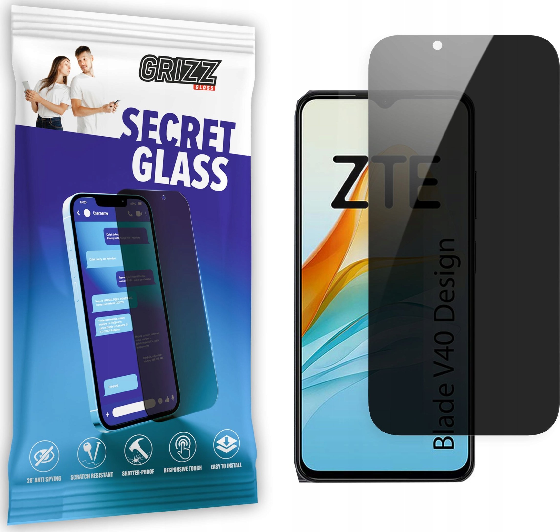 Xham mbrojtës privacy Grizz SecretGlass për ZTE Blade V40 Design, mbulim i plotë, rezistent ndaj gërvishtjeve, transparent
