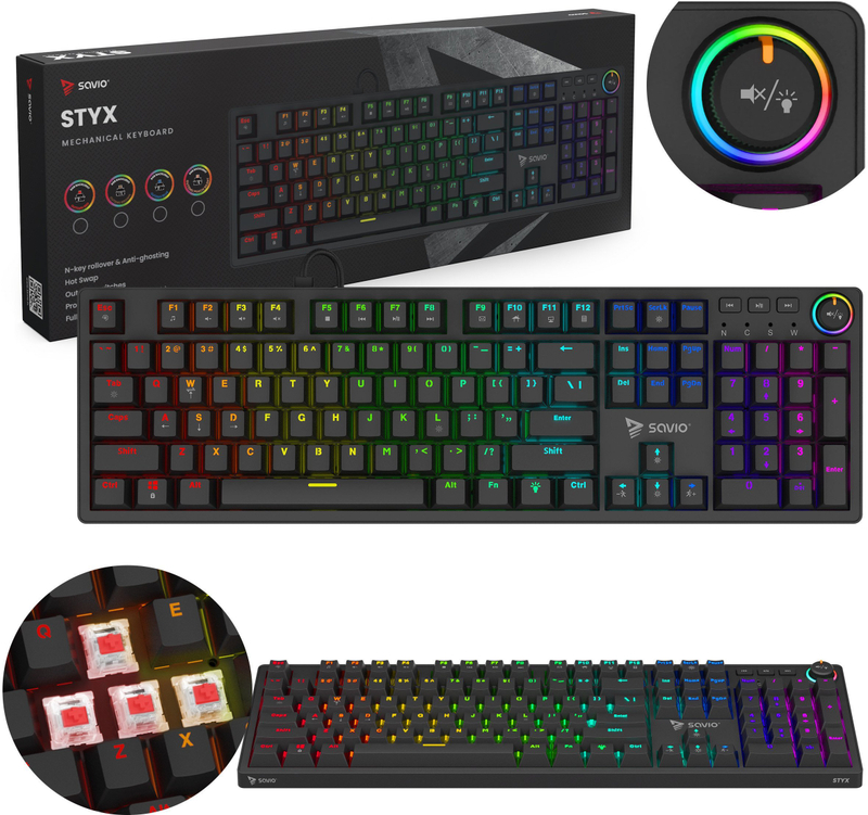 Tastierë mekanike SAVIO STYX, Outemu Red Hot Swap, RGB, e zezë