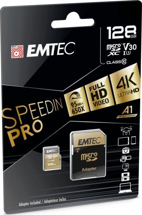 Kartë memorike MicroSD Emtec Speedin Pro, 128GB, Class 10 V30 UHS I U3, ngjyrë ari