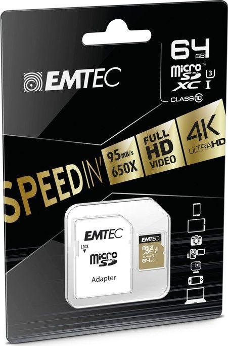 Kartë memorie microSD Emtec Speedin, 64GB, Class 10 U3, me adapter