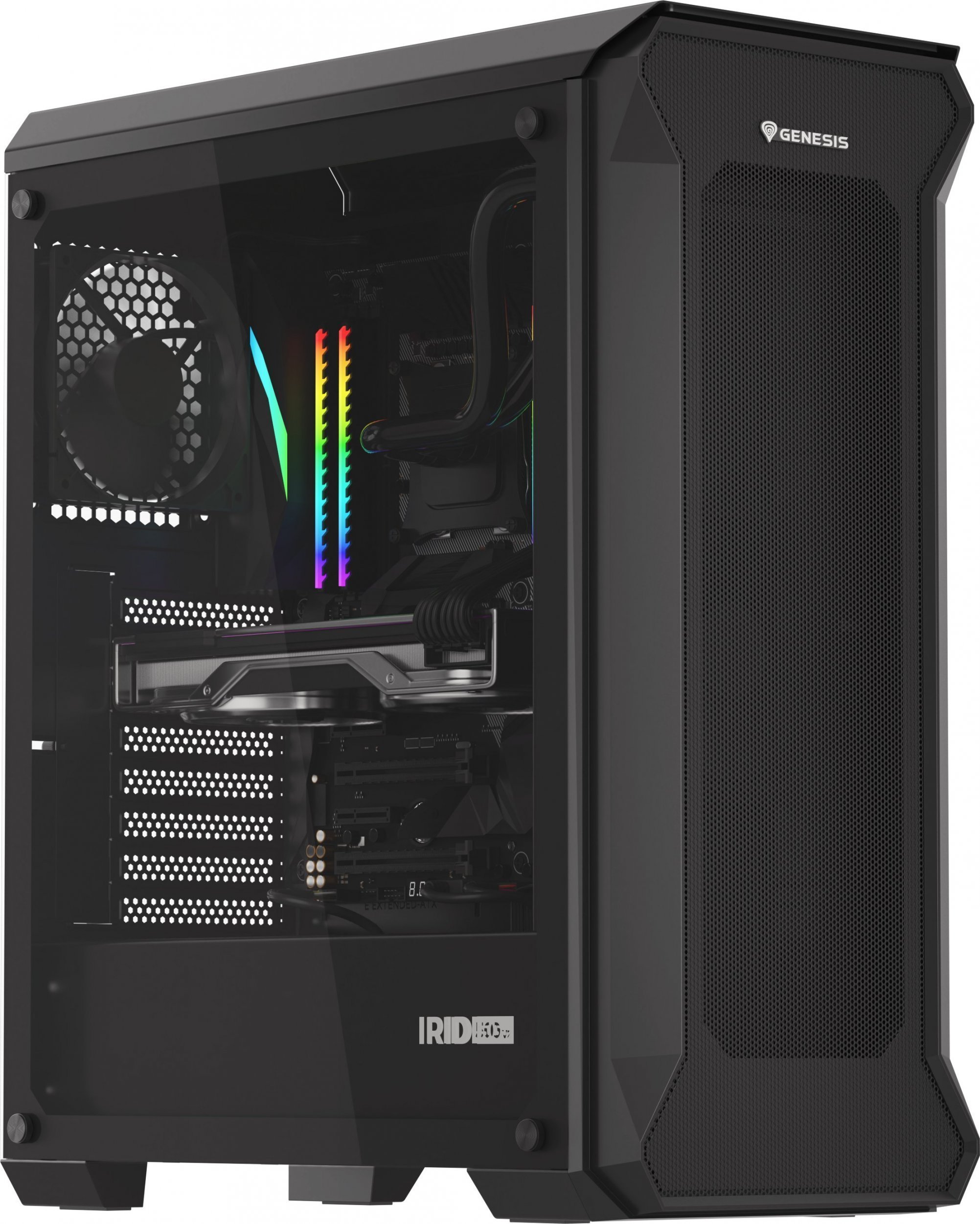 Kuti kompjuteri Genesis Irid 505 V2 MIDI Tower, xham i temperuar, me 3 ventilatorë Oxal 120, e zezë