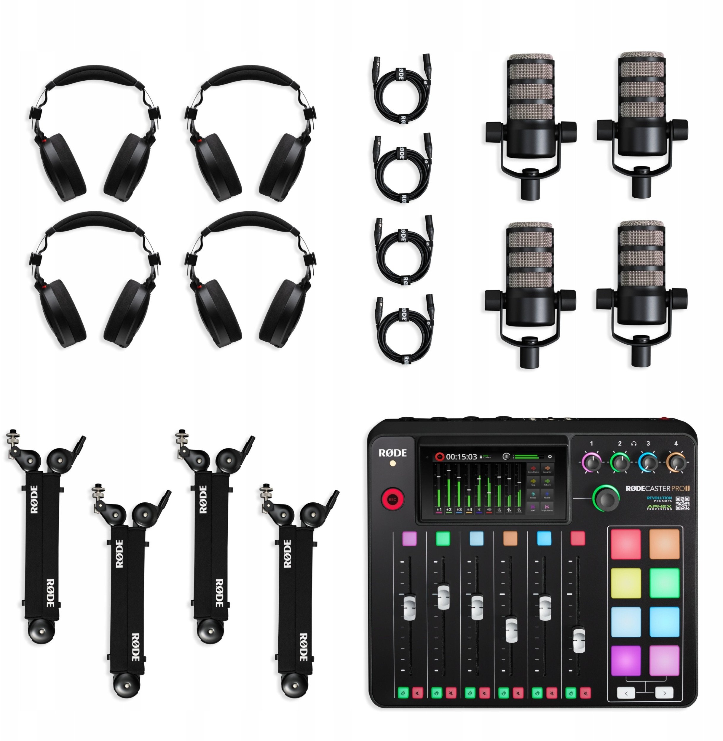 Set podcasti RODE Ultimate Podcaster Bundle Colors, 4 mikrofona PodMic, mikser RODECaster Pro II, kabllo me ngjyra
