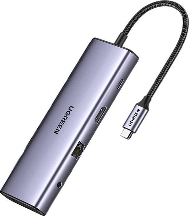 Adapter USB UGREEN CM498, hub 10 në 1, 3x USB 3.0, HDMI VGA RJ45, gri