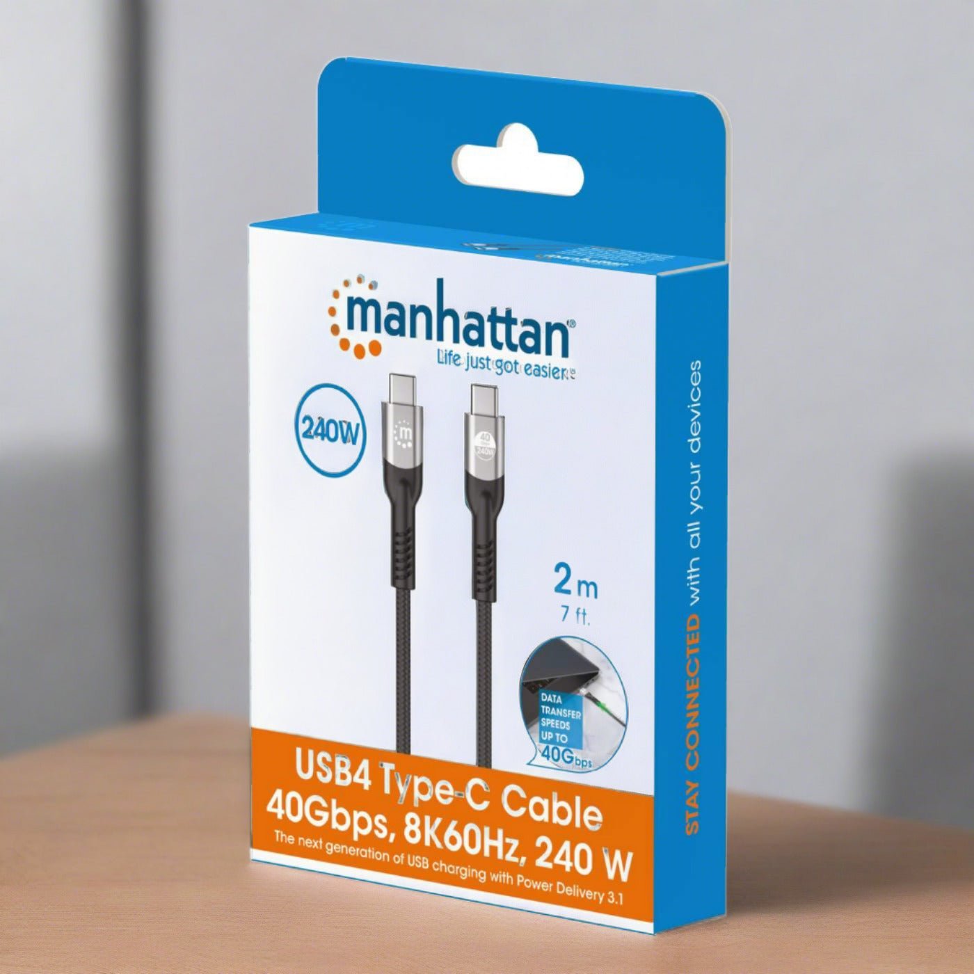 Kabllo USB C Manhattan 240W USB4, 2m, 40 Gbps 8K, i zi