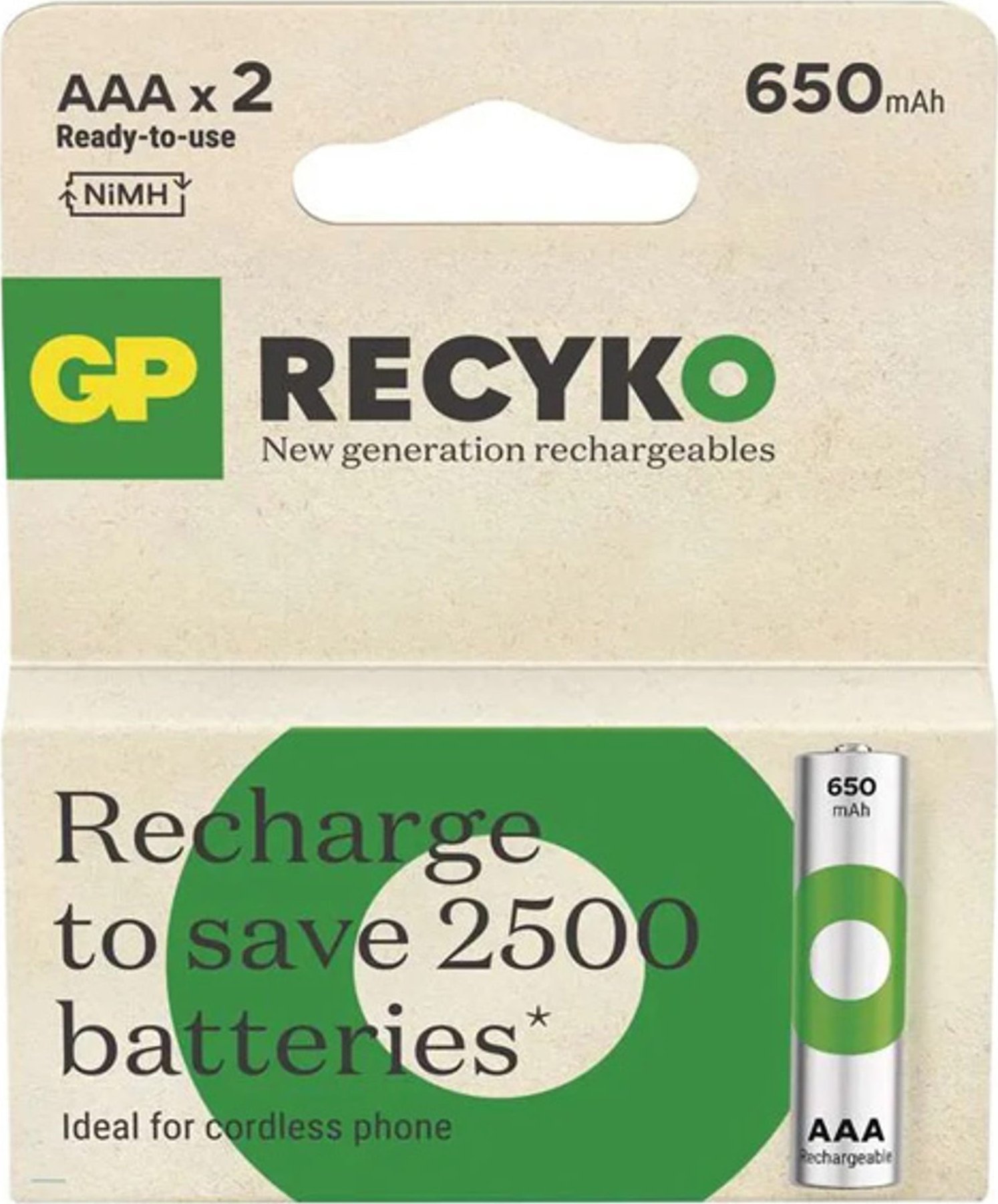 Bateri të rikarikueshme GP ReCyko AAA, 650mAh, NiMH, paketim 2 copë