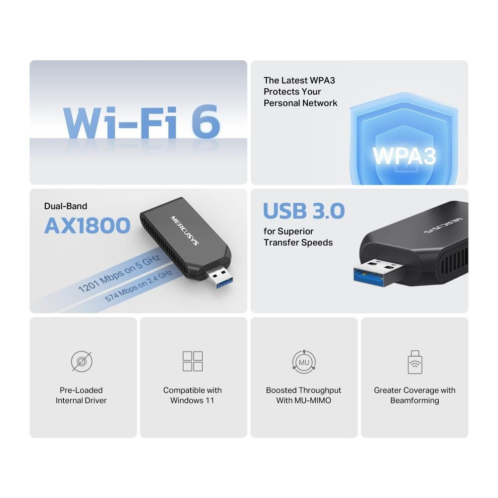 Adapter Wi Fi MERCUSYS MA70XM, Wi Fi 6 AX1800, USB 3.0, i zi