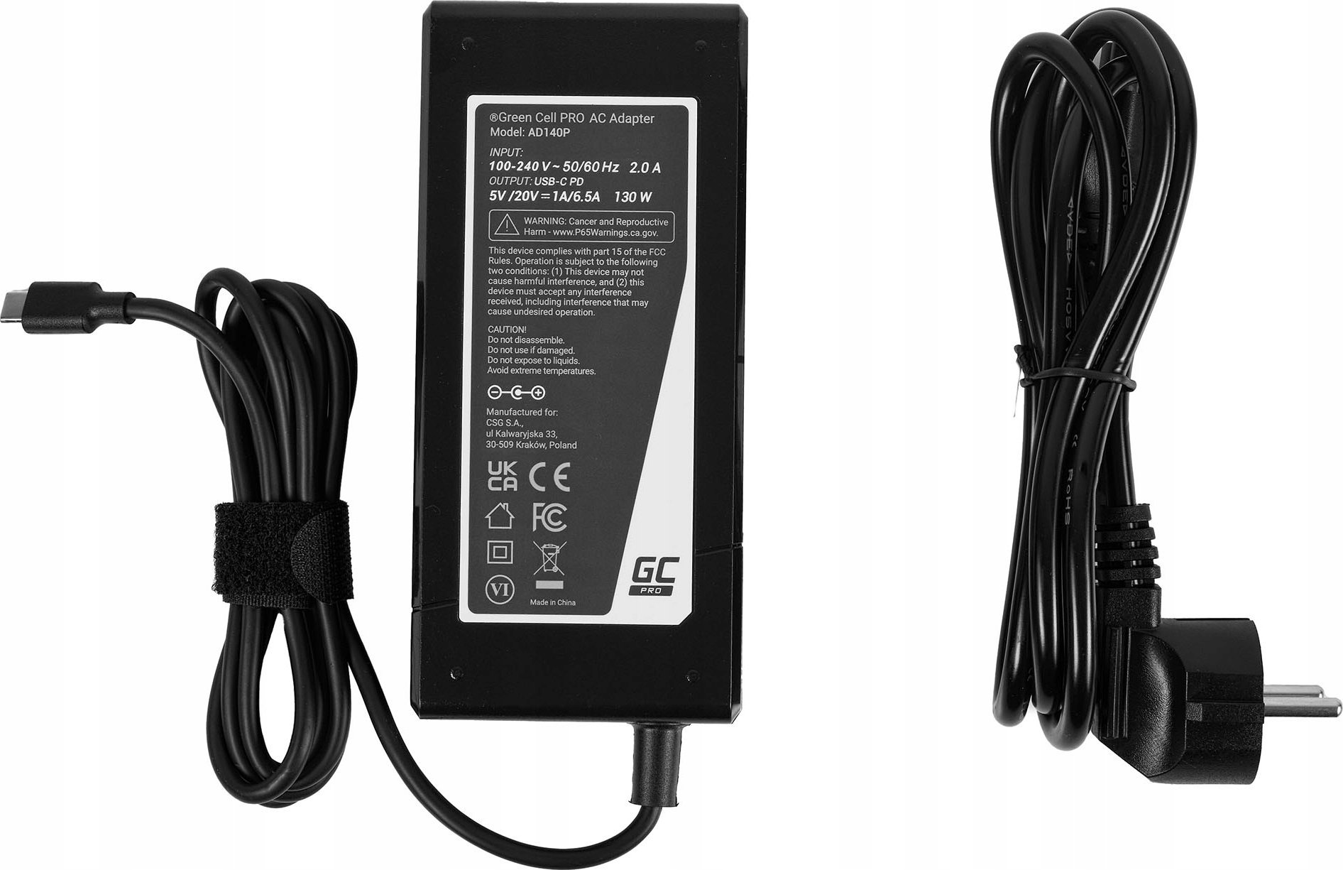 Adapter universal për laptop Green Cell AD140P, 130 W, me kabllo AC, i zi
