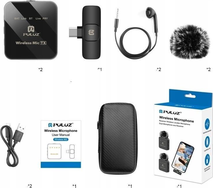 Mikrofon wireless Puluz Pu648B, 2x lavalier, USB Type C, i zi