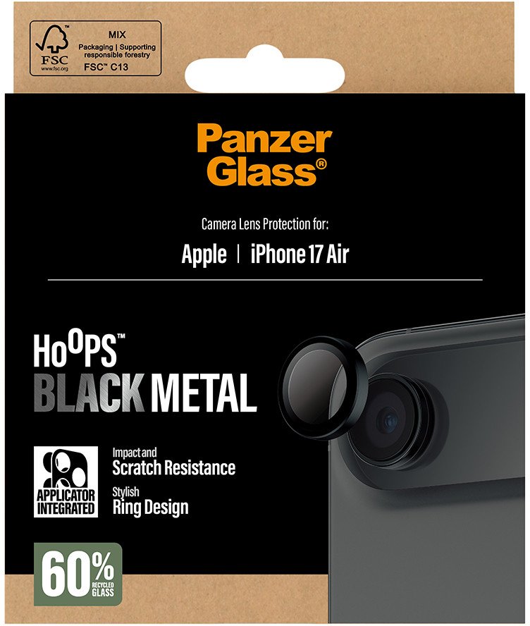 Mbrojtëse kamerë PanzerGlass Hoops, për iPhone Air, xham i temperuar, unaza metalike, e zezë