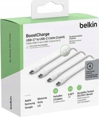 Kabllo USB-C Belkin CAB004BT2MWH2PK, 2m, 60W, USB 2.0, e bardhë