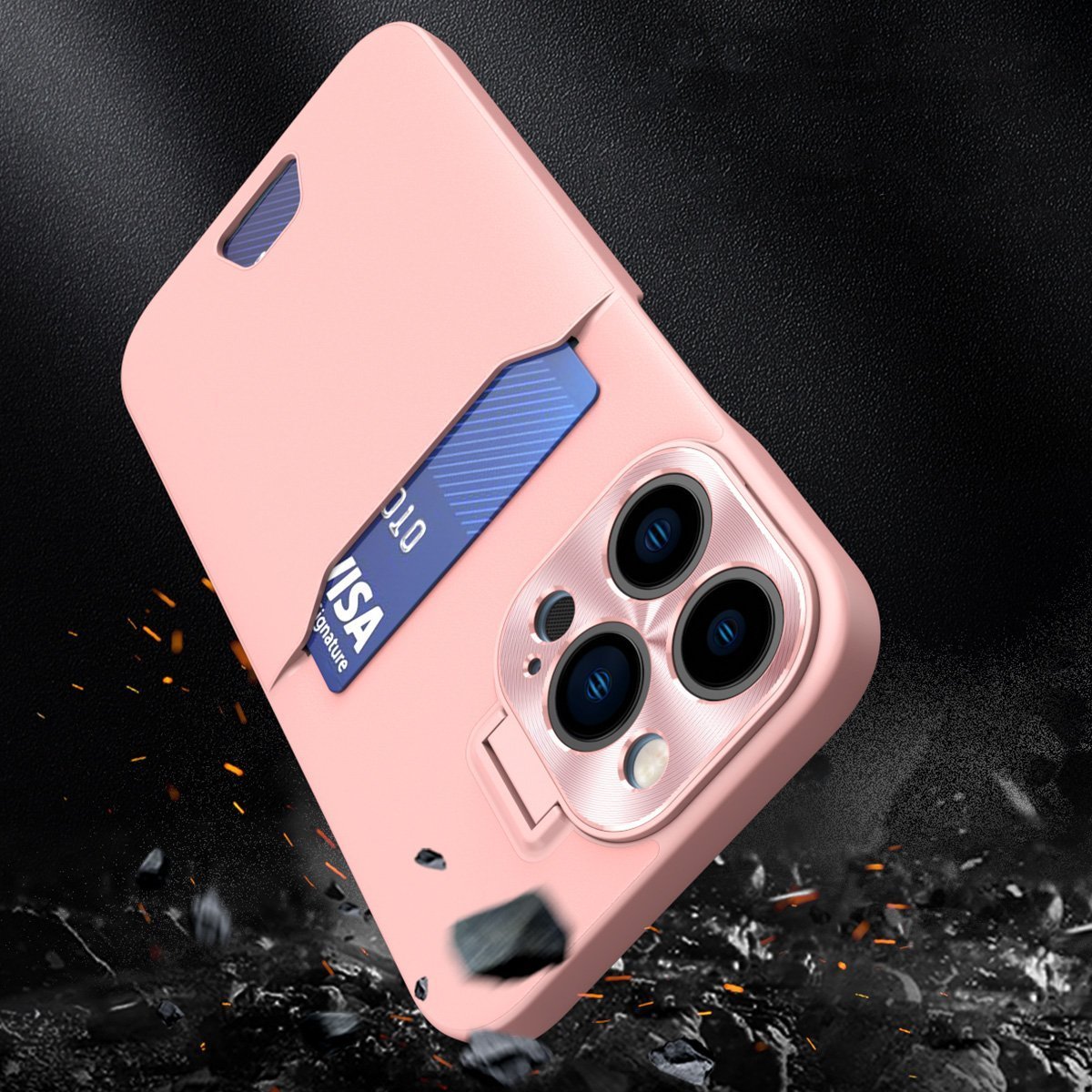 Kapak telefoni Hurtel Leather Stand Case për iPhone 14 Pro Max, me xhep për kartë, me mbajtëse, rozë