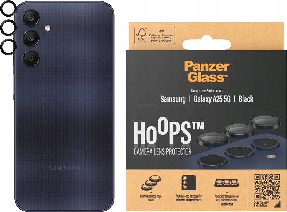 Mbrojtës kamere PanzerGlass për Samsung Galaxy A25, hoops xham i fortifikuar, i zi