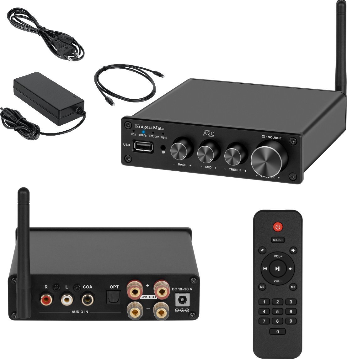 Amplifikator stereo Kruger&amp;Matz A20, 2x100W, Bluetooth 5.1 aptX HD, me telekomandë