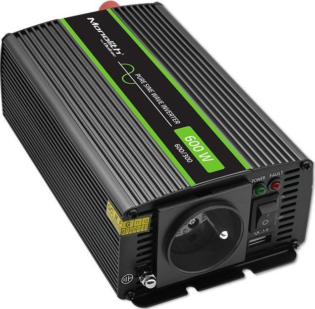 Конвертор на напон Qoltec Monolith 600, 300W, чист синусоиден бран, сива