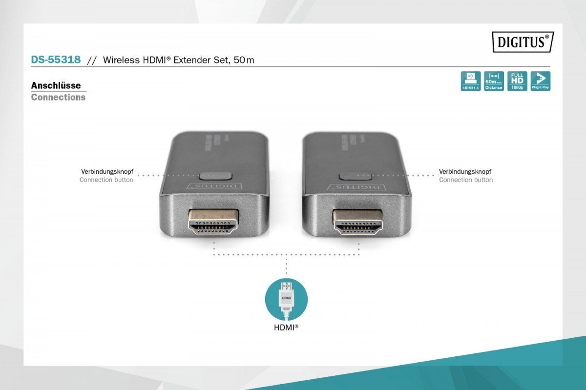 Sistem transmetimi pa tela HDMI Digitus DS-55318, Full HD 1080p, set ekstender, i zi