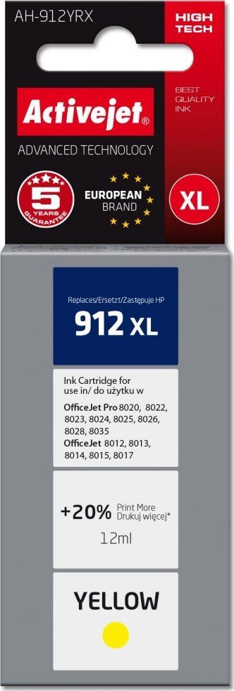 Боја за принтер Активџет AH-912YRX, замена за HP 912XL, 12 ml, жолта