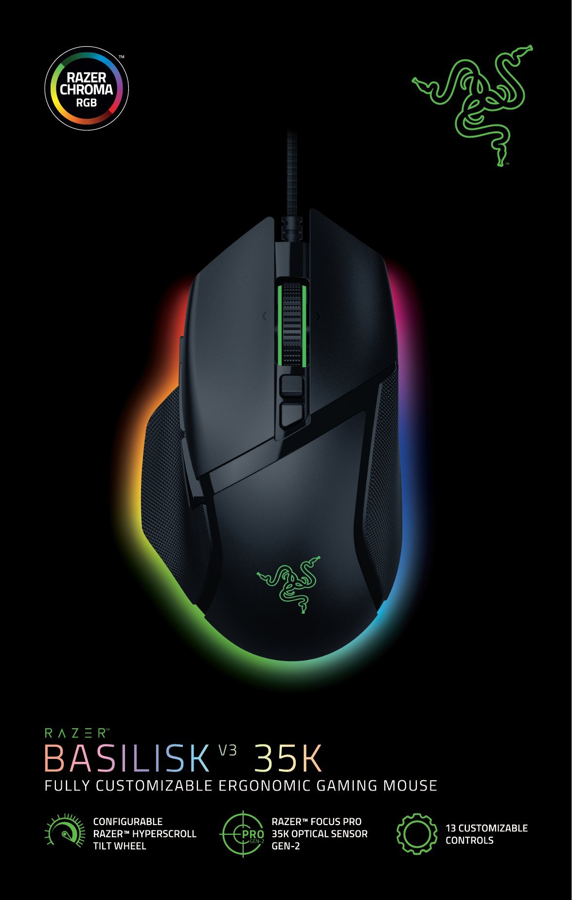 Maus gaming Razer Basilisk V3, 35000 DPI, me kabllo, i zi