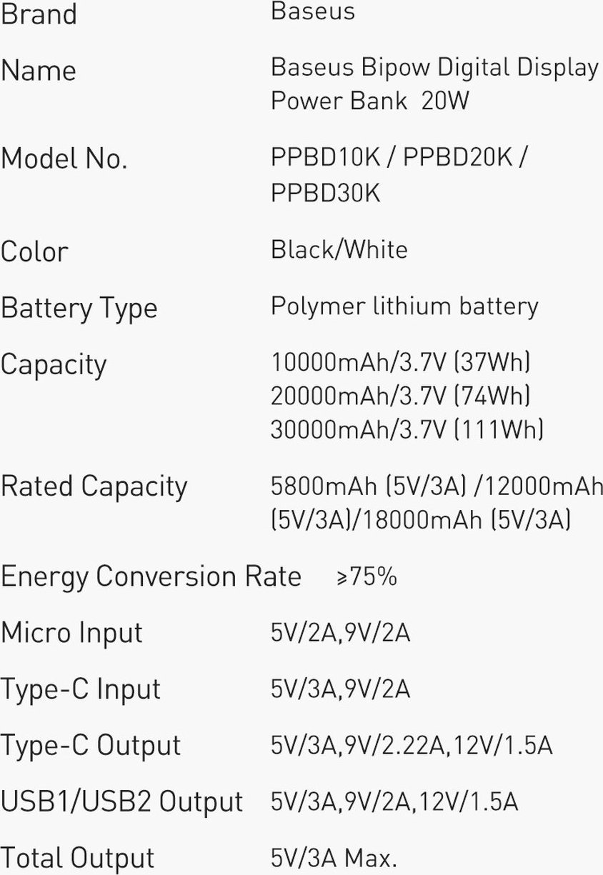 Powerbank Baseus PPBD050502, 10000mAh, 20W, i bardhë