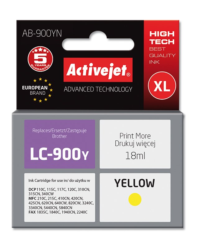 Ngjyrë për printer Activejet AB-900YN (zëvendësim për Brother LC900Y), 17.5 ml, e verdhë