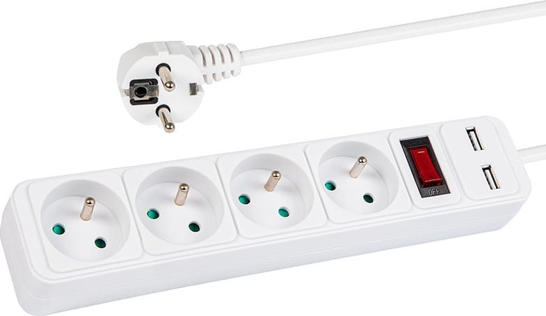 Продолжен приклучок Blow 98-783, 4x 230V, 2x USB, со заземјување и прекинувач, 1.5m, бела