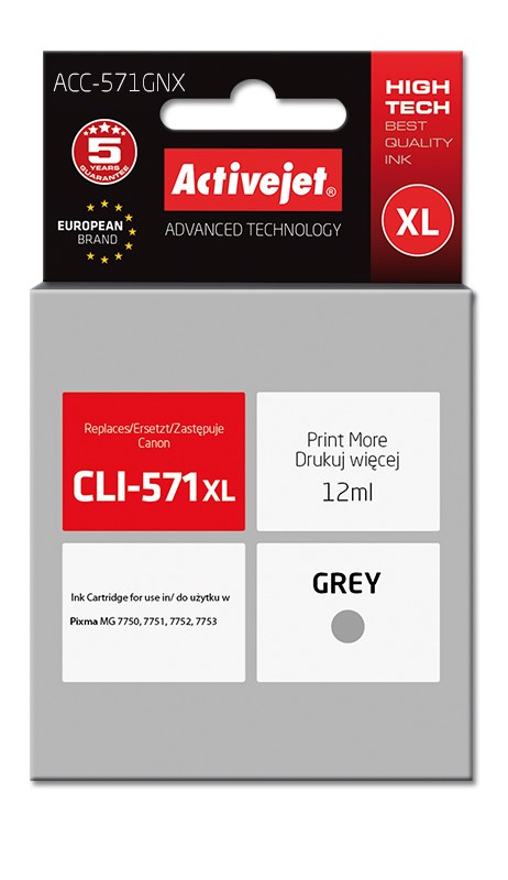 Ngjyrë për printer Activejet ACC-571GNX (zëvendësim për Canon CLI-571G XL), 12 ml, e hirtë