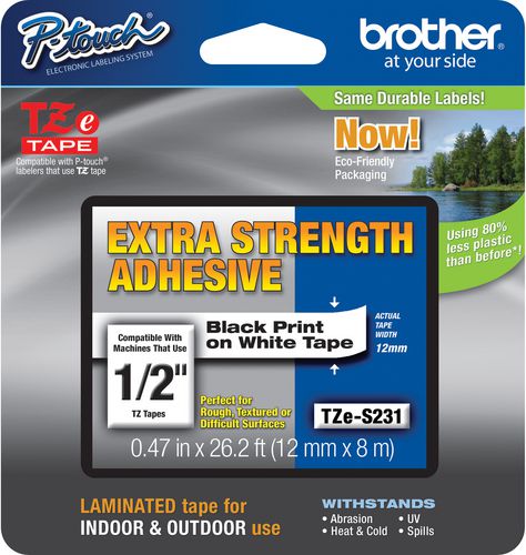Etiketë për printer Brother P-touch TZe-S231, 12 mm × 8 m, laminuese, ngjitës ekstra i fortë, e zezë / e bardhë
