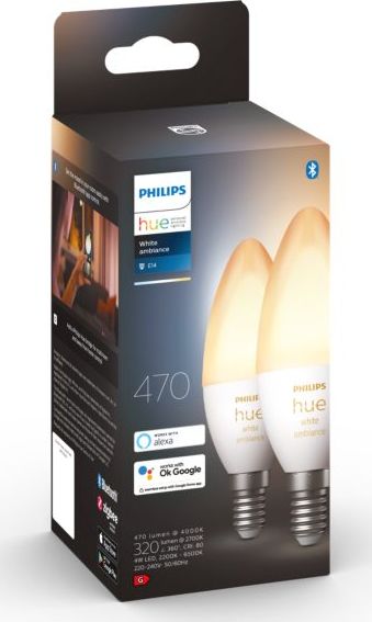 Llambë inteligjente Philips Hue E14, 5.2W, Bluetooth, dritë të bardhë e ngrohtë në të ftohtë, set 2 copë