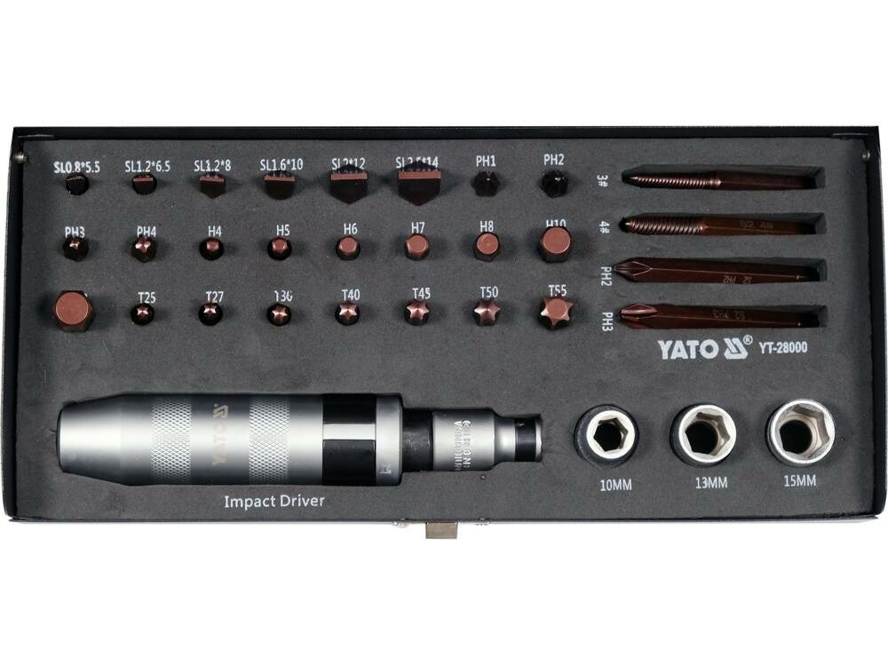 Set kaçavidë goditëse YATO YT-28000, 32 copë, profesionale, shumëlloje bita