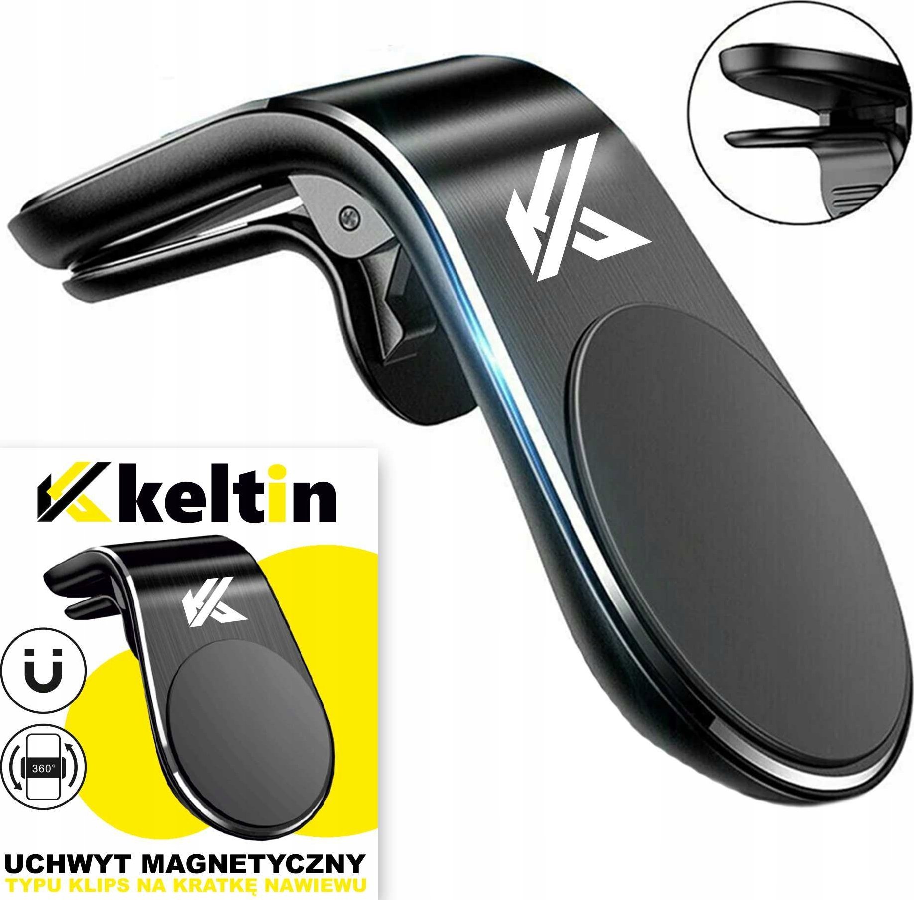 Mbajtëse magnetike telefoni për makinë K02213, montim në grilë ajri, me klips, e zezë