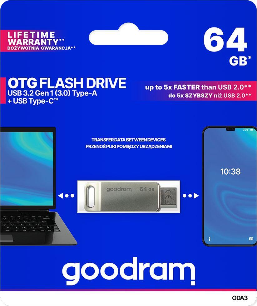 USB GoodRam ODA3, 64GB, USB 3.2 Type A Type C, argjendtë 6