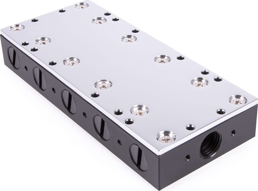 Pllakë shpërndarëse uji Alphacool ES Distro Plate C5, acetal, bazë bakri me nikel, e zezë