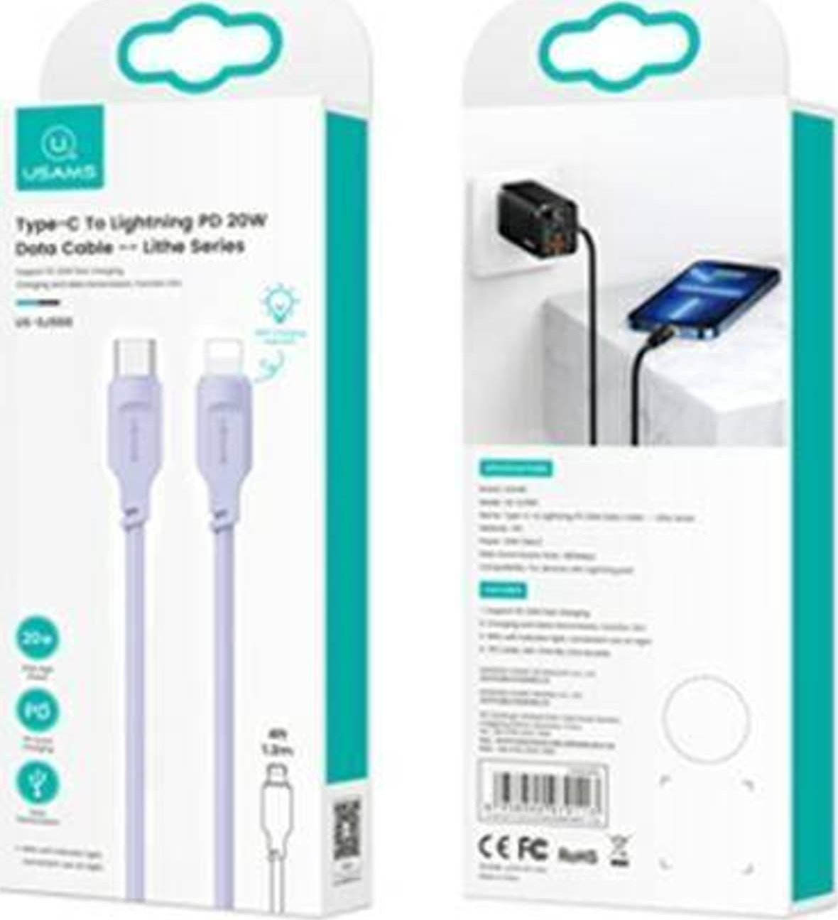 Kabllo USB Usams Lithe Series US SJ566, USB C në Lightning, 1.2m, e vjollcë