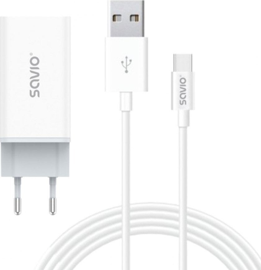 Karikues AC Savio LA-07, 65W GaN, me kabllo USB-A në USB-C 1m, i bardhë