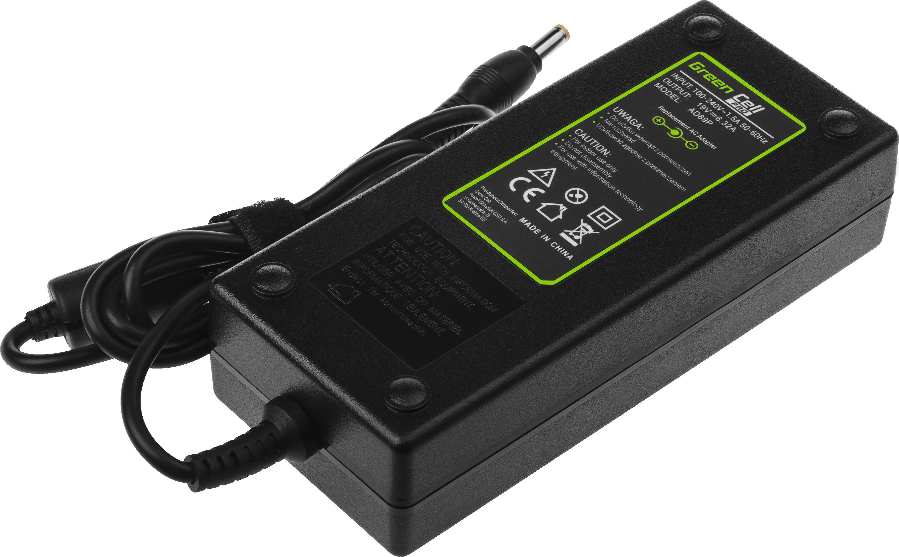 Përshtatës AC për laptop Green Cell, 120 W, 1.7 mm, 6.3 A, 19 V, i zi
