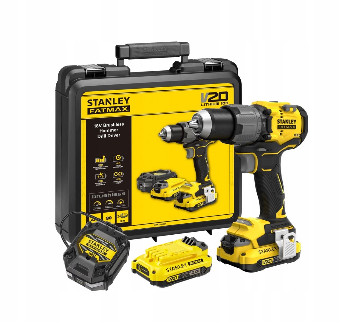 Stërvitëse pa kabllo Stanley Fatmax SFMCD725D2, 18V V20, 2x2.0Ah, e verdhë
