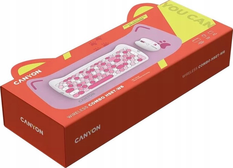 Set tastierë dhe maus Canyon HSET W6 Kitty Edition, wireless, 104 taste, rozë