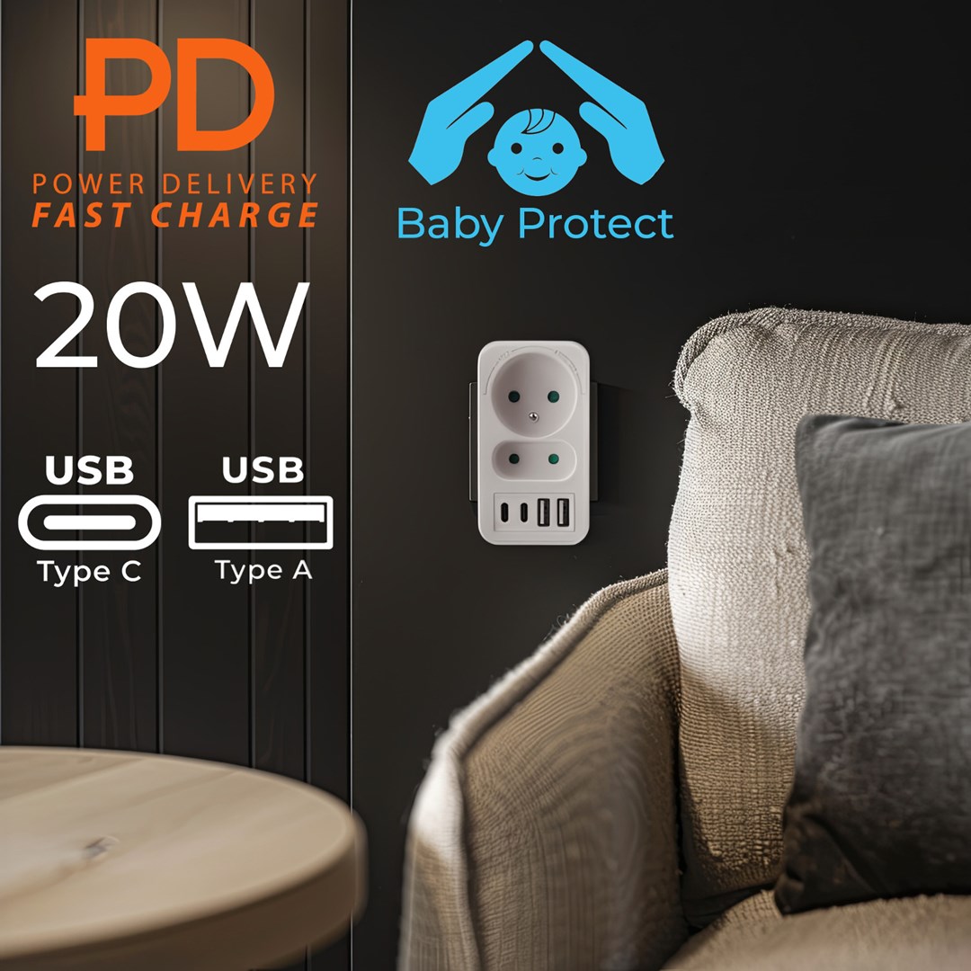 Prizë shumëfishe Maclean MCE249 F/W, 2x220V, 2xUSB A 2xUSB C PD 20W, e bardhë