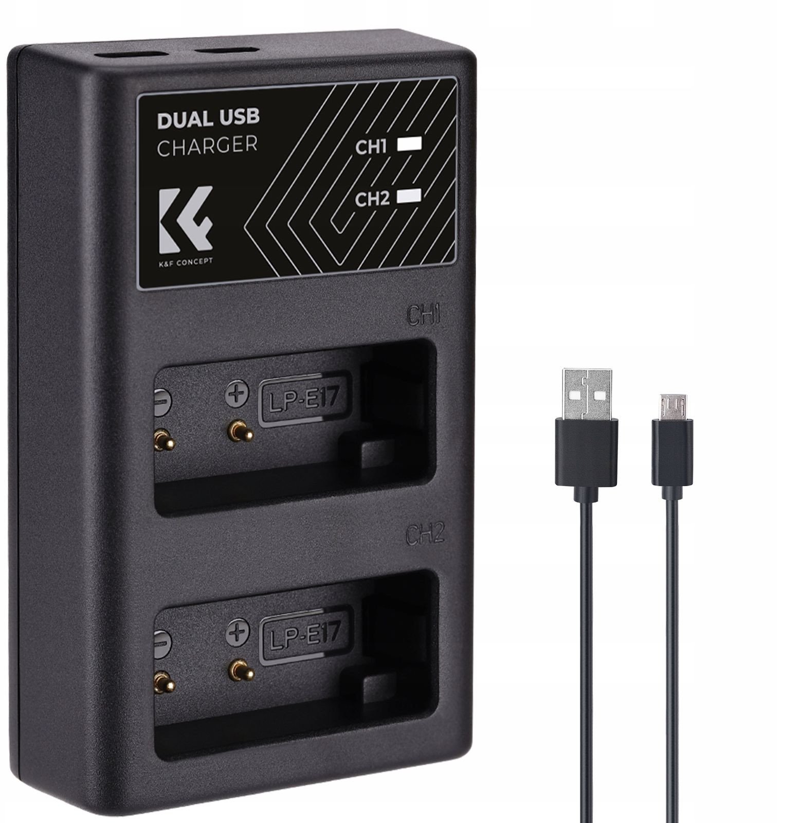 Karikues baterish për kamera K&F Concept Dual-Channel LED, për LP-E17, me kabllo Type-C, i zi