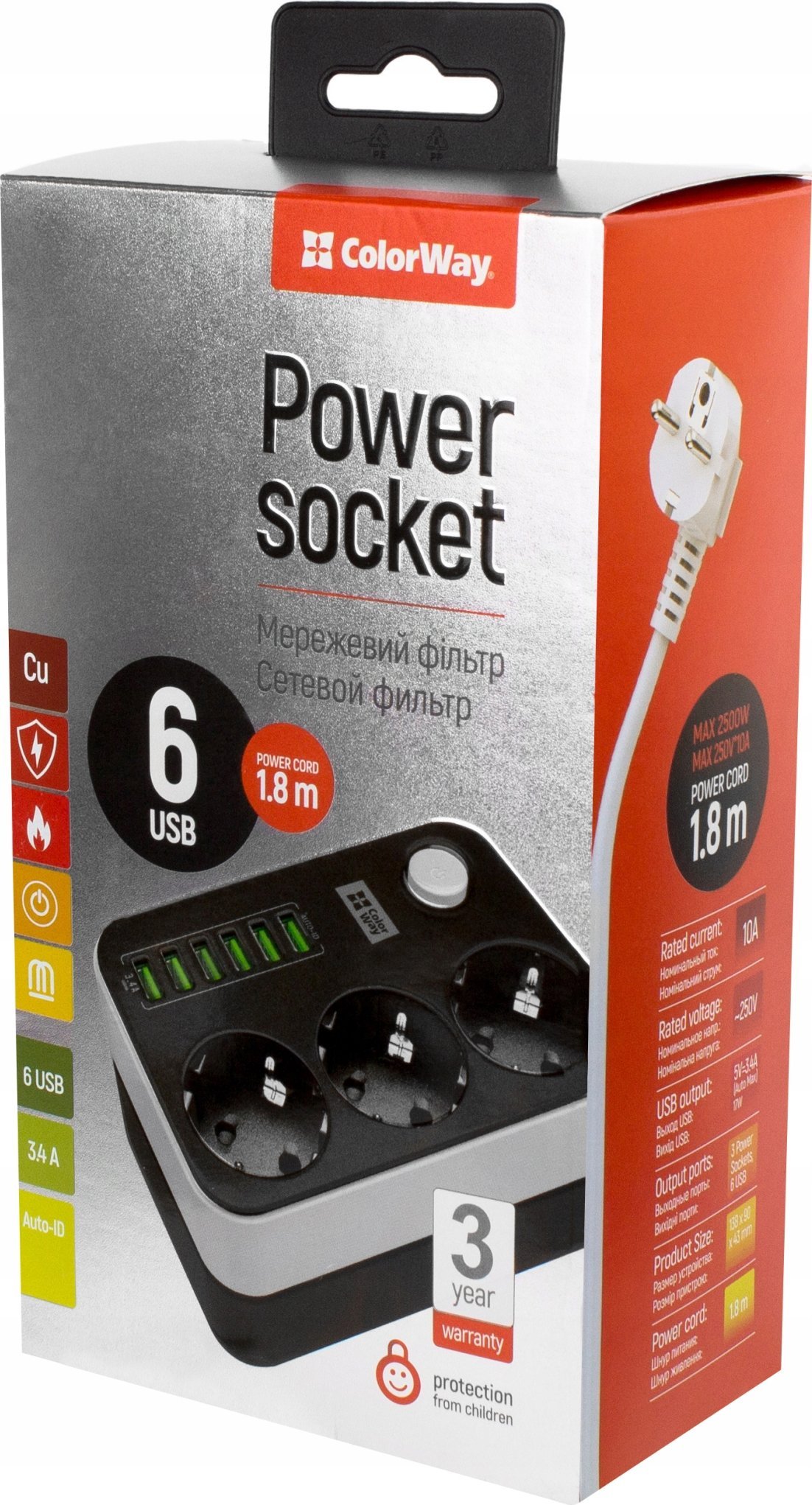 Prizë zgjatëse me 3 dalje dhe 6 porta USB, 1.8m, 2500W, e bardhë