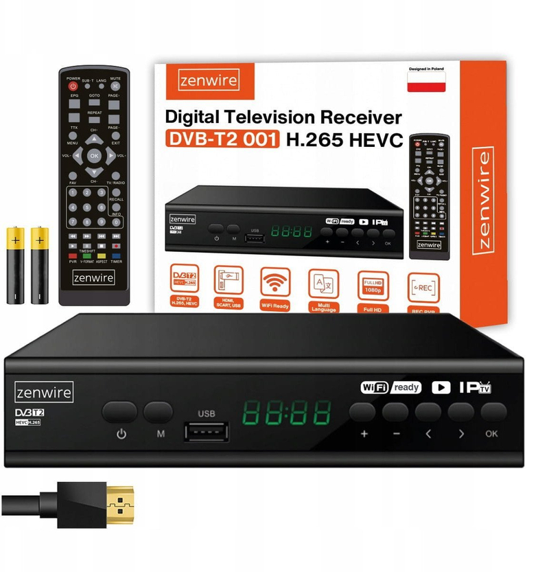 Tuner tokësor Zenwire DVB-T2 001, HEVC H.265, Full HD, i zi