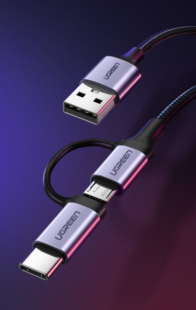 Kabllo USB Ugreen 30875, USB A në microUSB dhe USB C, 1 m, e zezë