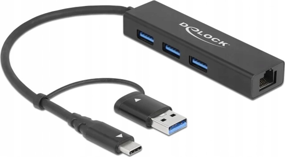 Hub USB DeLOCK 3 Port USB 3.2 Gen 1, Gigabit LAN, USB Type C dhe USB Type A, gri metalik
