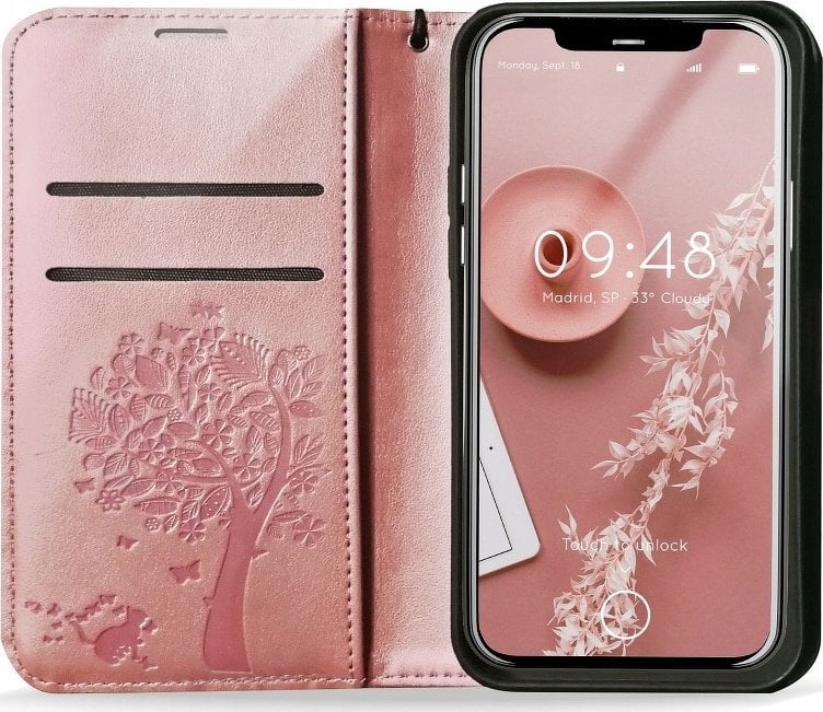 Kabllo telefoni Forcell MEZZO Book për Samsung A13 5G A04s, motiv pemë, rozë e artë