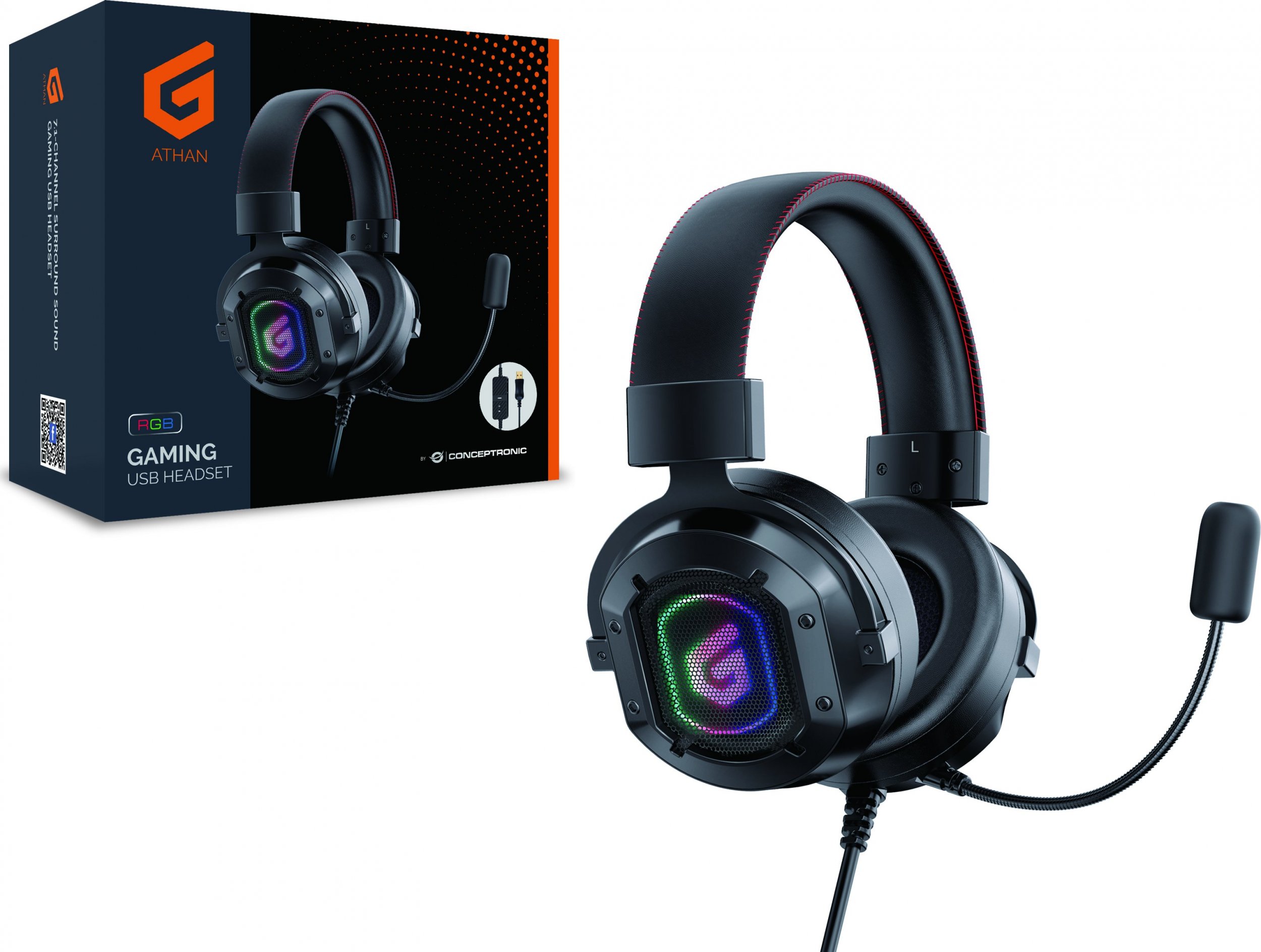 Kufje Conceptronic ATHAN02B, 7.1 Surround, RGB, të zeza