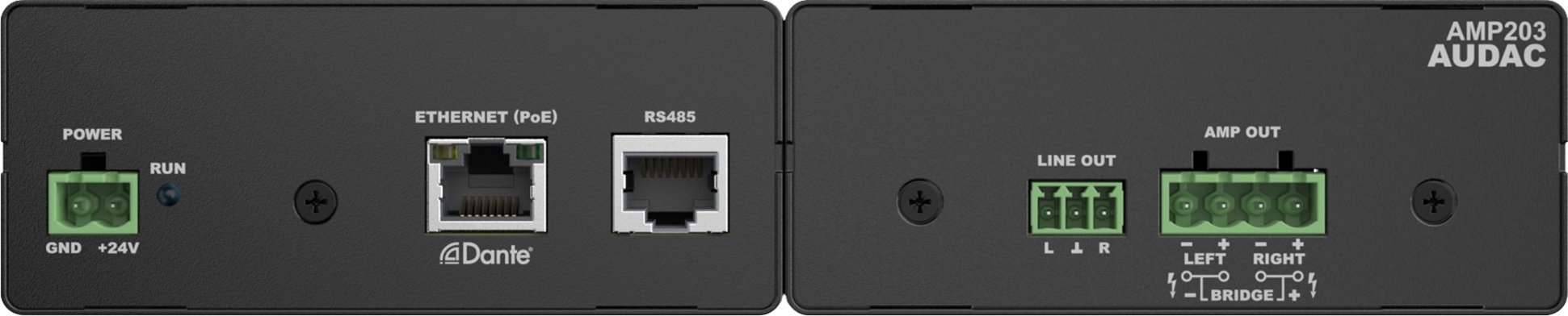 Amplifikator stereo Audac AMP203, 2 x 30W, Dante PoE, i zi